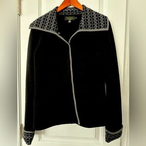 Icelandic Design Women’s Black Wool Cardigan with Gray Trim, Size Medium